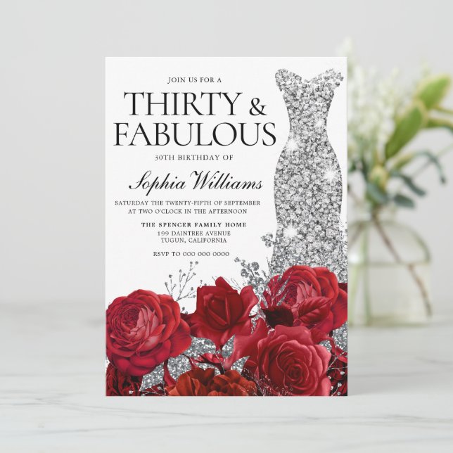 Silver Dress Gown Red Roses 30th Birthday Party Invitation (Standing Front)
