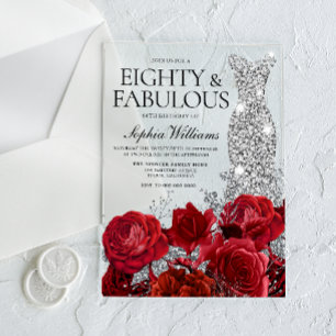 Silver Dress Gown Red Roses 80th Birthday Party Acrylic Invitations