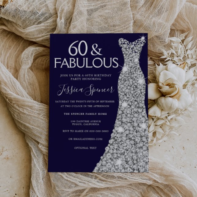 Silver Dress Navy 60 & Fabulous 60th Birthday Invitation (Creator Uploaded)