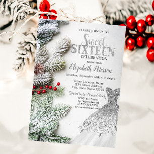 Silver Dress,Pine Tree Branches Sweet 16 Party Invitation