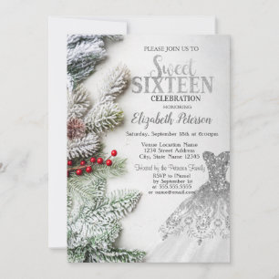 Silver Dress,Pine Tree Branches Sweet 16 Party  Invitation