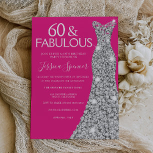 Silver Dress Pink 60 & Fabulous 60th Birthday Invitation