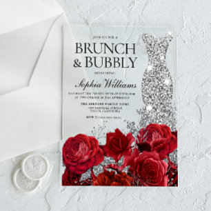 Silver Dress Red Rose Brunch Bubbly Bridal Shower  Acrylic Invitations