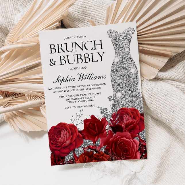 Silver Dress Red Rose Brunch Bubbly Bridal Shower  Invitation (Creator Uploaded)