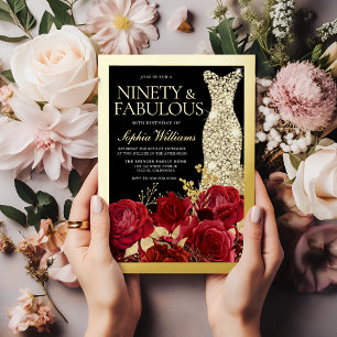 Silver Dress, Red Roses Ninety 90th Birthday Gold