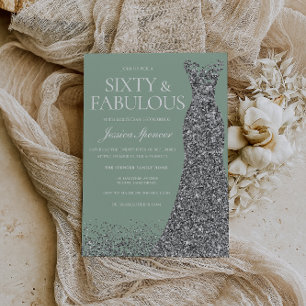 Silver Dress & Sage Sixty & Fabulous 60th Birthday Invitation