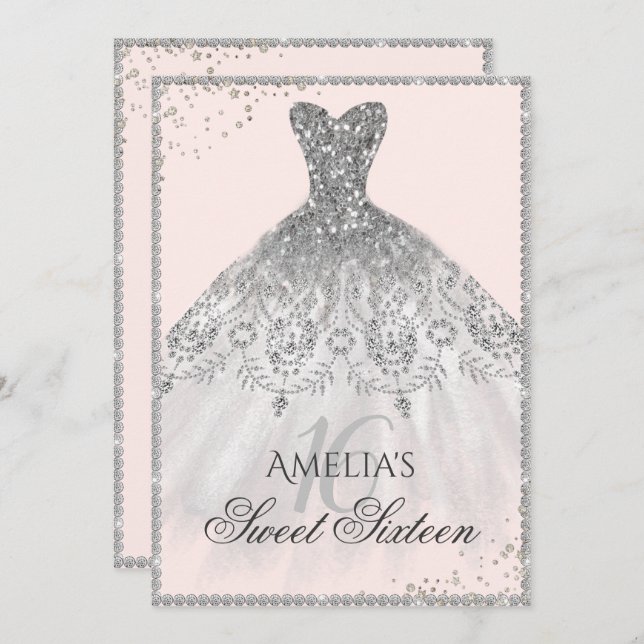 Silver Dress Sparkle 16th Sweet Sixteen Invitation (Front/Back)