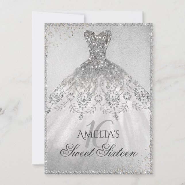 Silver Dress Sparkle Sweet Sixteen Invitation (Front)