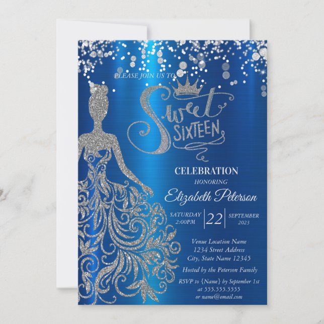 Silver Dress,Tiara,Sweet 16 Invitation (Front)