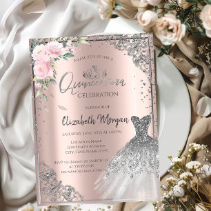 Silver DressTiara,Flowers Rose Gold Quinceañera  Invitation