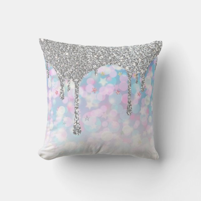 *~* Silver Drip Glitter Pastel Blue Pink Stars Cushion (Front)