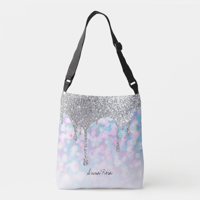 *~* Silver Drip Glitter Pastel Pink Blue  Stars Crossbody Bag (Back)