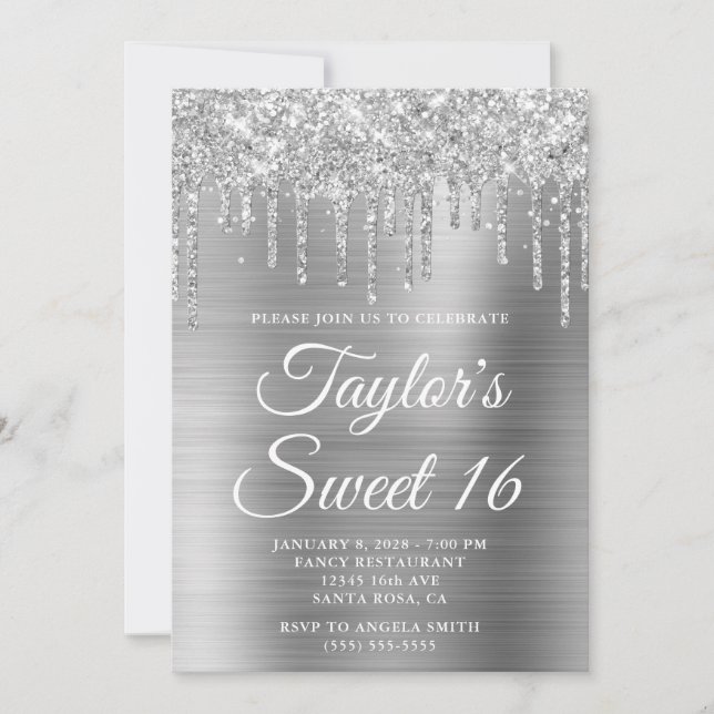 Silver Dripping Glitter and Foil Sweet 16 Invitation (Front)