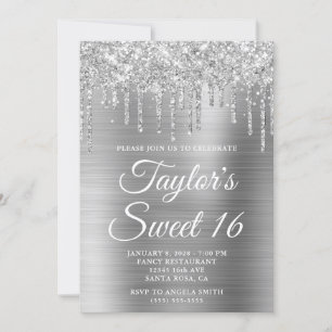 Silver Dripping Glitter and Foil Sweet 16 Invitation