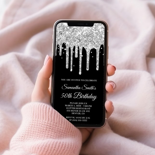 Silver Dripping Glitter Black 50th Birthday Invitation (Silver Dripping Glitter Black 50th Birthday Invitation)
