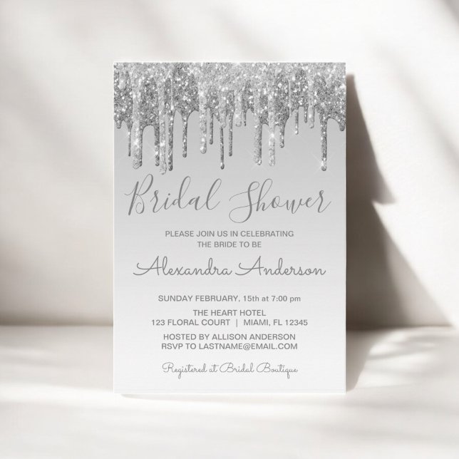 Silver Dripping Glitter Bridal Shower Invitation (Creator Uploaded)
