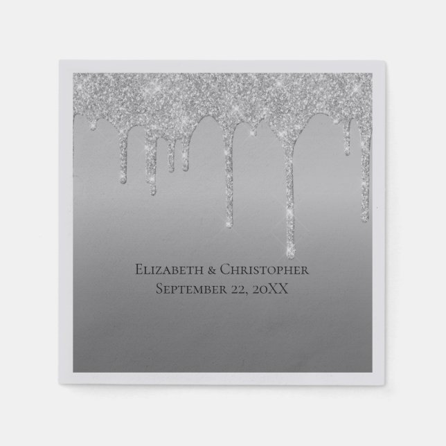 Silver Dripping Glitter Glam Elegant Wedding Napkin (Front)