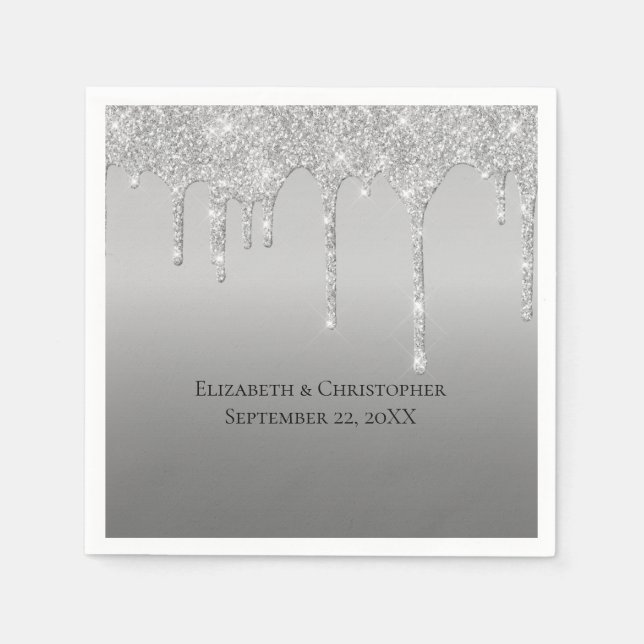 Silver Dripping Glitter Glam Elegant Wedding Napkin (Front)