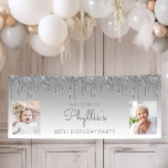 Silver Dripping Glitter Two Photo 80th Birthday Banner<br><div class="desc">Welcome guests with this chic, glamourous 80th birthday party photo banner, featuring a sparkly silver faux glitter drip border and silver ombre background. Easily replace the two sample images with photos of the guest of honour. Personalise it with her name in grey handwriting script, with the birthday below in sans...</div>