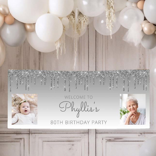 Silver Dripping Glitter Two Photo 80th Birthday Banner (Creator Uploaded)