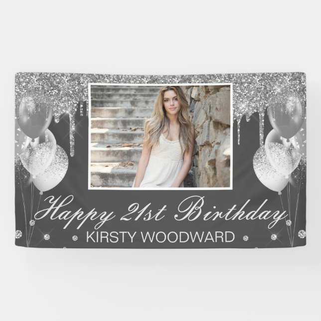 Silver Dripping Glitter with Balloons Birthday Banner (Horizontal)