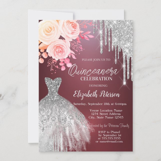 Silver Drips,Dress Roses Burgundy Quinceanera   Invitation (Front)