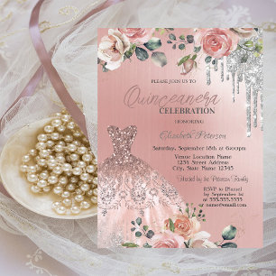 Silver Drips,Dress,Roses Pink Quinceanera  Invitation