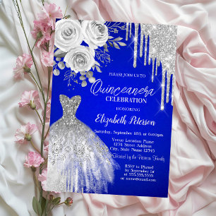 Silver Drips,Dress Roses Royal Blue Quinceanera Invitation