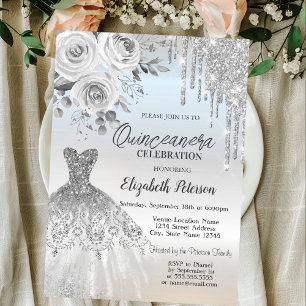 Silver Drips,Dress Roses Silver Quinceanera   Invitation