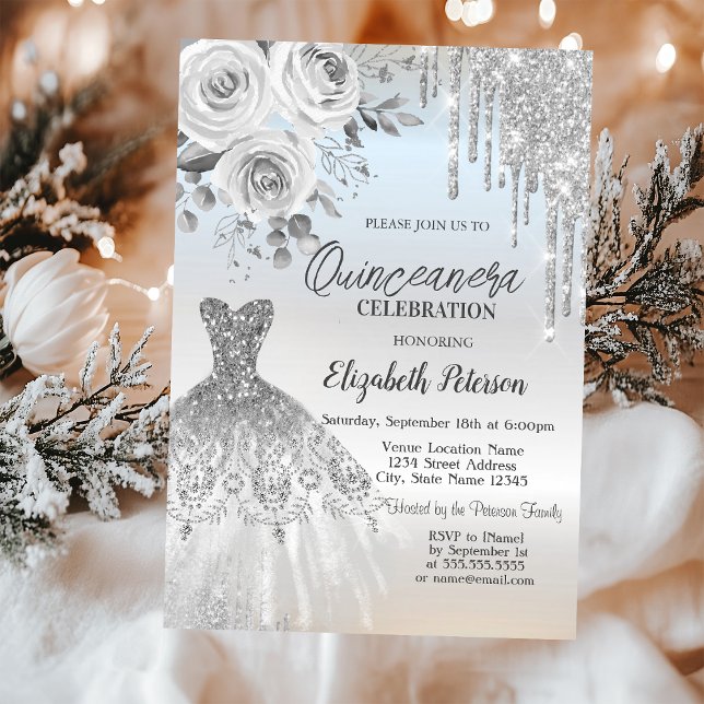 Silver Drips,Dress Roses Silver  Quinceanera   Invitation (Creator Uploaded)
