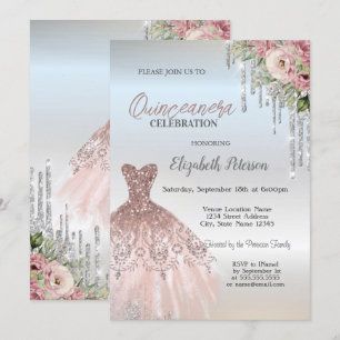Silver Drips,Dress Roses Silver Quinceanera  Invitation