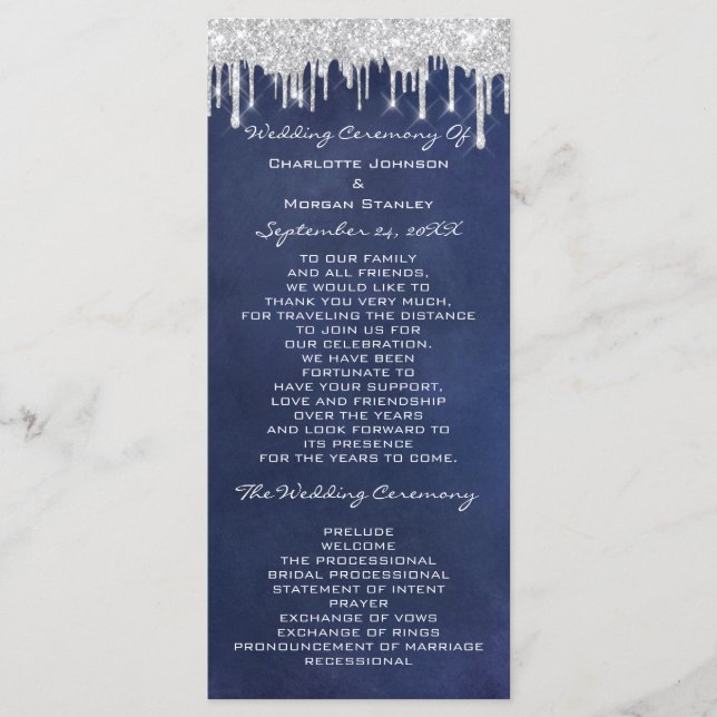  Silver Drips Event Wedding Program Formal Navy Programme (Front)
