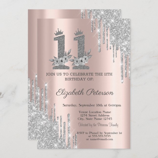 Silver Drips Flowers Rose Gold 11th Birthday  Invitation (Front/Back)