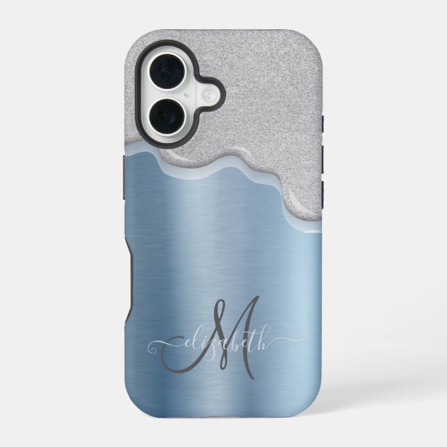 Silver Drips Monogram Blue Metallic iPhone 16 Case (Back)
