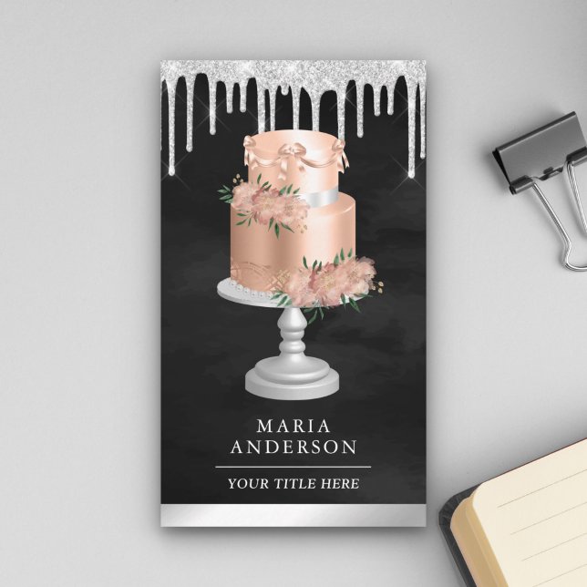 Silver Drips Pink Floral Cake Pastry Chef Bakery Business Card (Creator Uploaded)