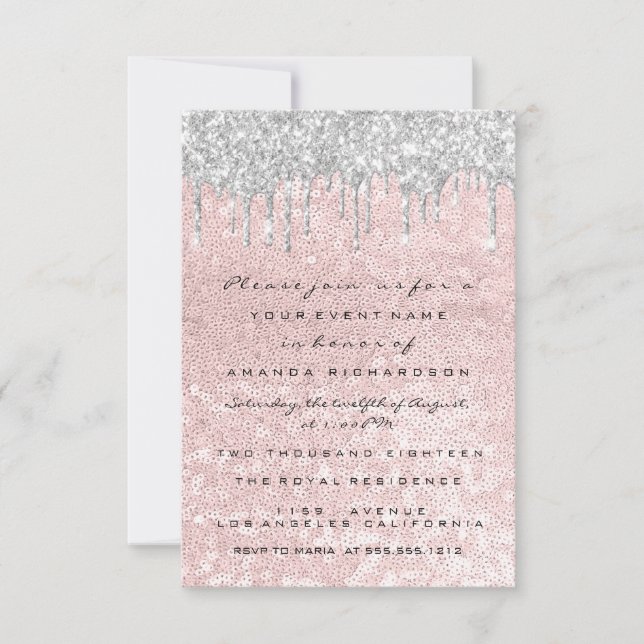 Silver  Drips Pink Wedding Bridal Sweet 16th Invitation (Front)