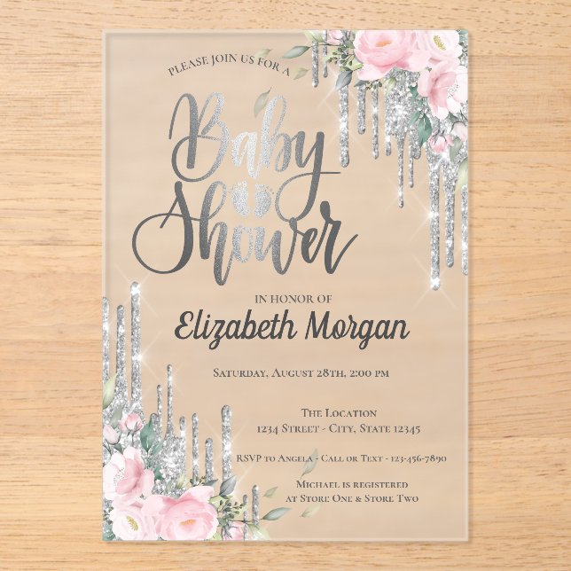 Silver Drips Rose Gold Floral Baby Shower Acrylic Invitations (Front)