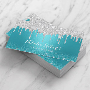 Silver Drips Teal Makeup Artist Hair Stylist Business Card