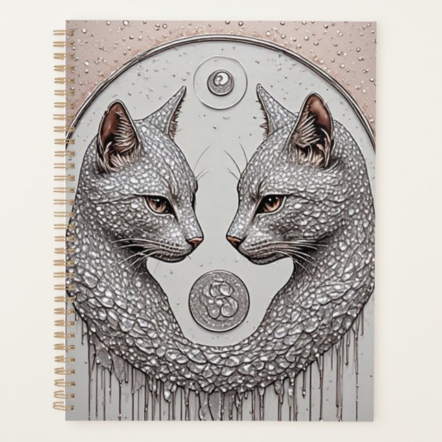 Silver Dual Cats With Symmetrical Faces Planner (Front)