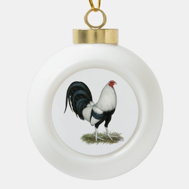 Silver Duckwing Gamecock Ceramic Ball Christmas Ornament (Front)
