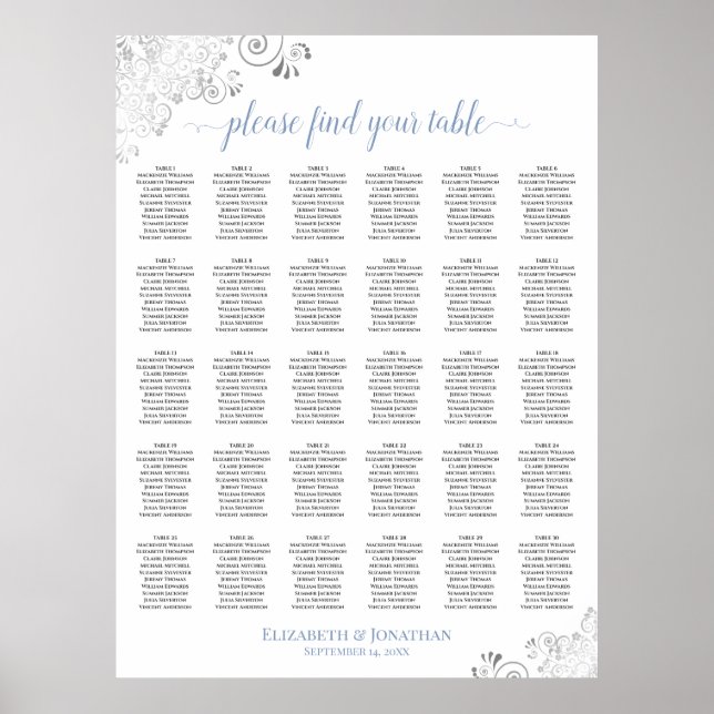 Silver & Dusty Blue 30 Table Wedding Seating Chart (Front)