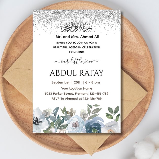 Silver Dusty Blue Floral Islamic Aqiqa Aqeeqa  Invitation (Creator Uploaded)