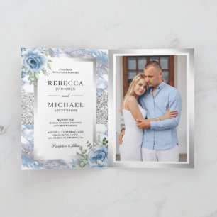 Silver Dusty Blue Floral Marble QR Code Wedding Invitation
