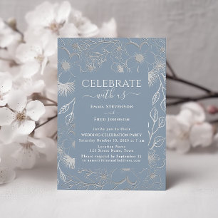 Silver Dusty Blue Floral Wedding Reception Invitation