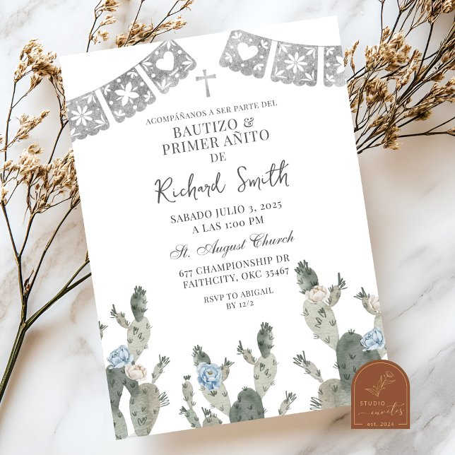 Silver Dusty Blue Mexican Cactus Bautizo Invitation (Creator Uploaded)
