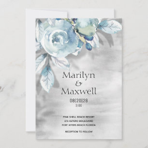 Silver Dusty Blue Peony Shadow Wedding Invitation