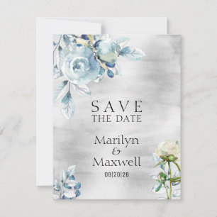 Silver Dusty Blue Peony Wedding Save The Date Announcement