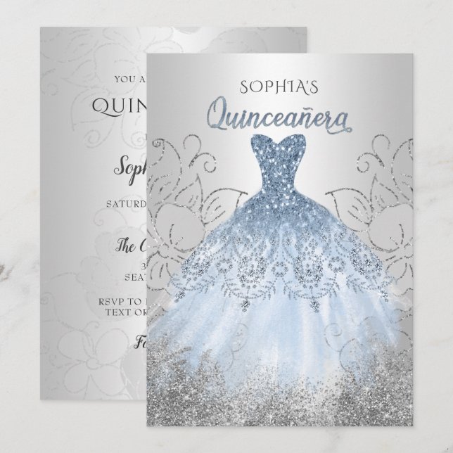 Silver Dusty Blue Sparkle Dress Quinceañera Quince Invitation (Front/Back)