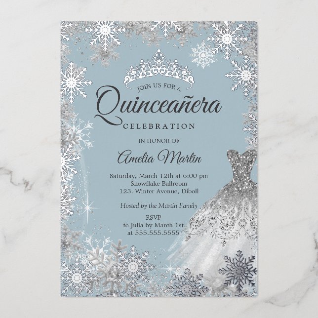 Silver Dusty Blue Winter Snowflake Quinceanera (Front)