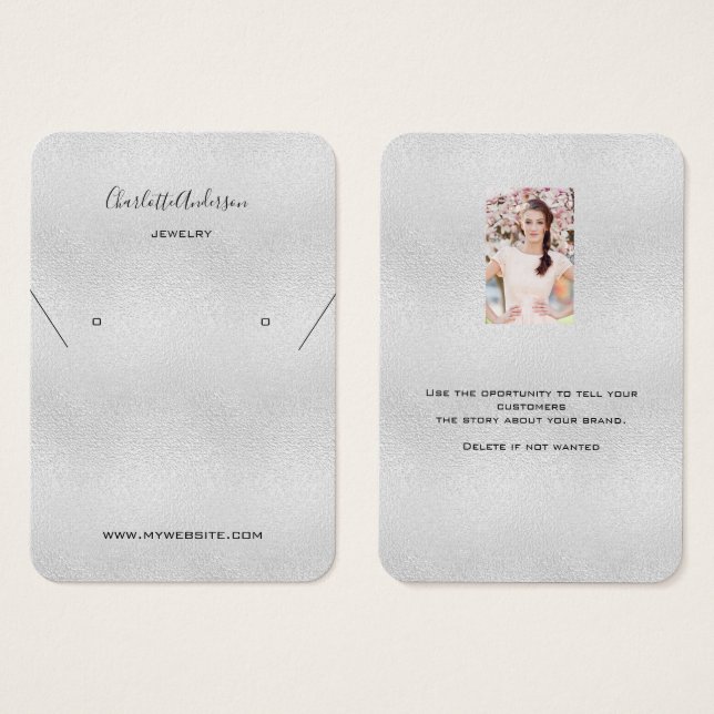 Silver earring jewelry photo bio display card (Front & Back)